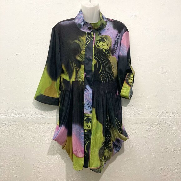 Lindi Art to Wear Top Tunic Hidden Button Peplum Pleated Roll Tab Sleeve Black M - Picture 1 of 16